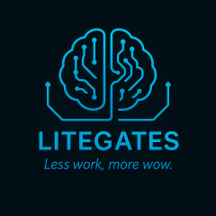 Litegates logo with digital brain icon and slogan "Less work, more work."