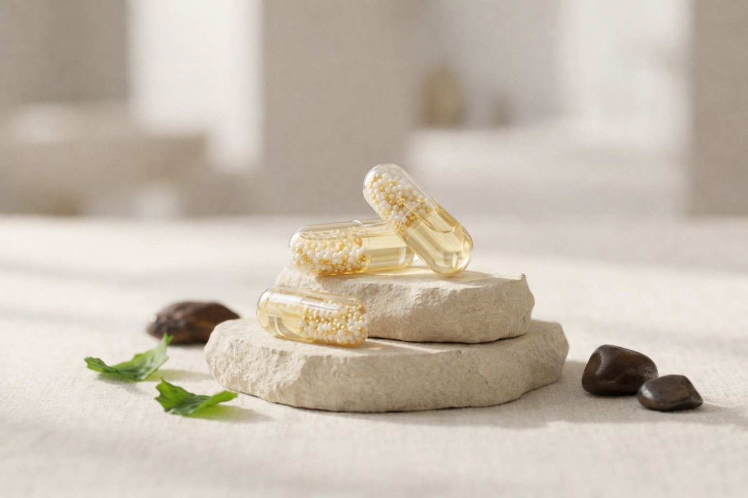 Capsules arranged in a circle on a white plate