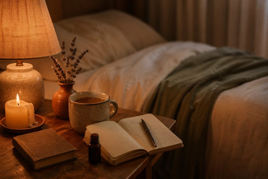 Warm bedside table scene at night with ceramic lamp, lit candle, lavender, herbal tea, open journal, and essential oil bottle — a calming wind-down ritual.